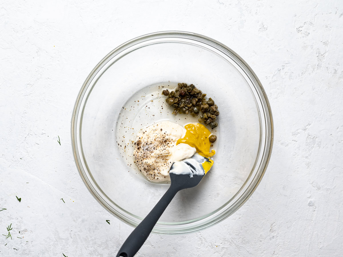 capers, mustard, mayo in mixing bowl