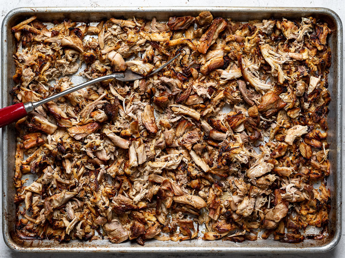 crisped-up carnitas on sheet pan