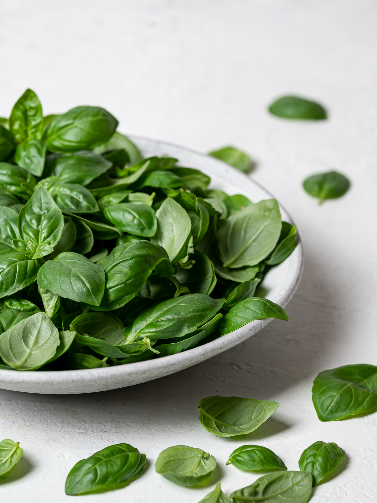 side view of basil leaves in bowl