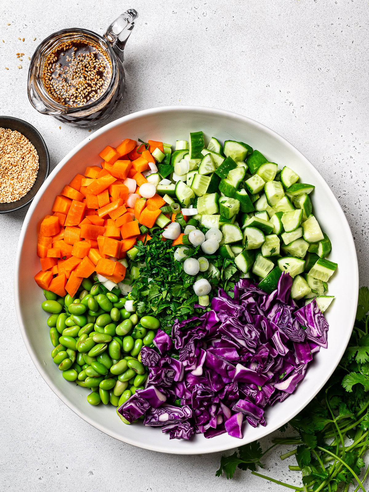 Chopped vegetables in bowl with dressing on the side