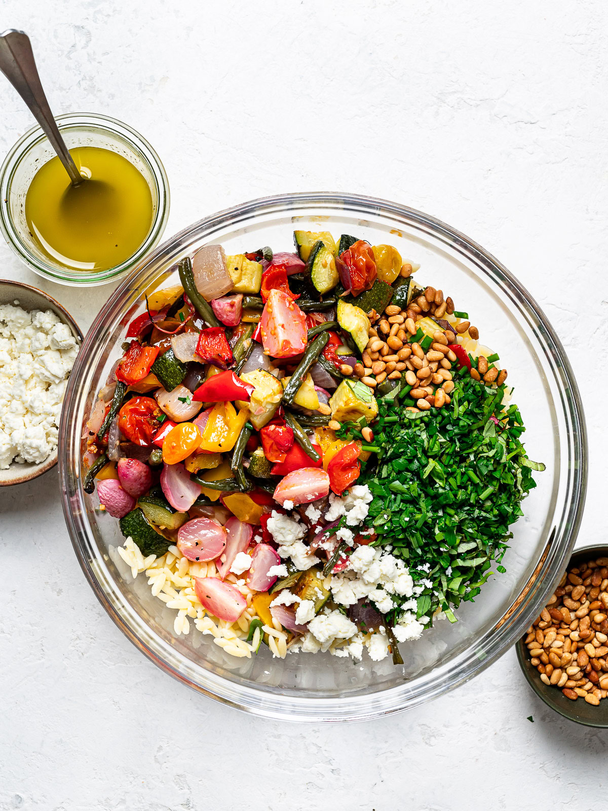 roasted veggies, herbs and feta added to orzo