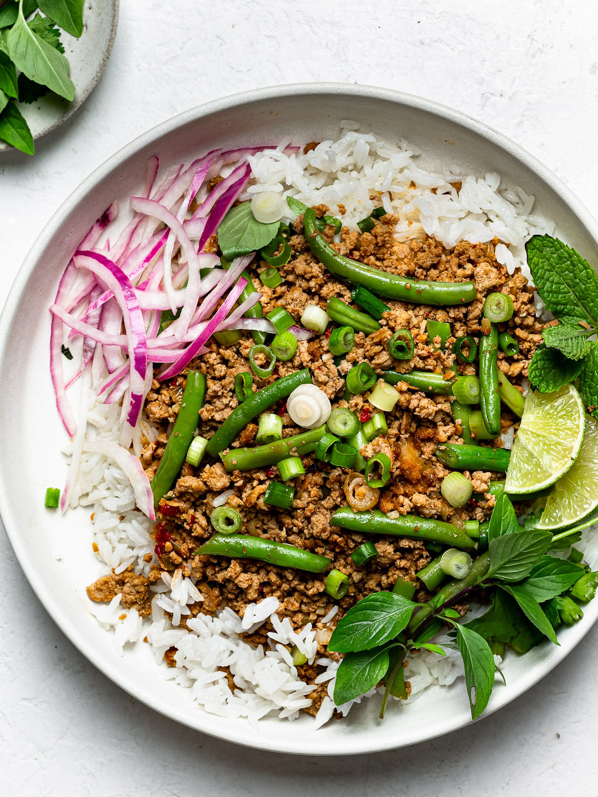 turkey and green bean stir-fry topped on a bed of rice and garnished with herbs and red onions