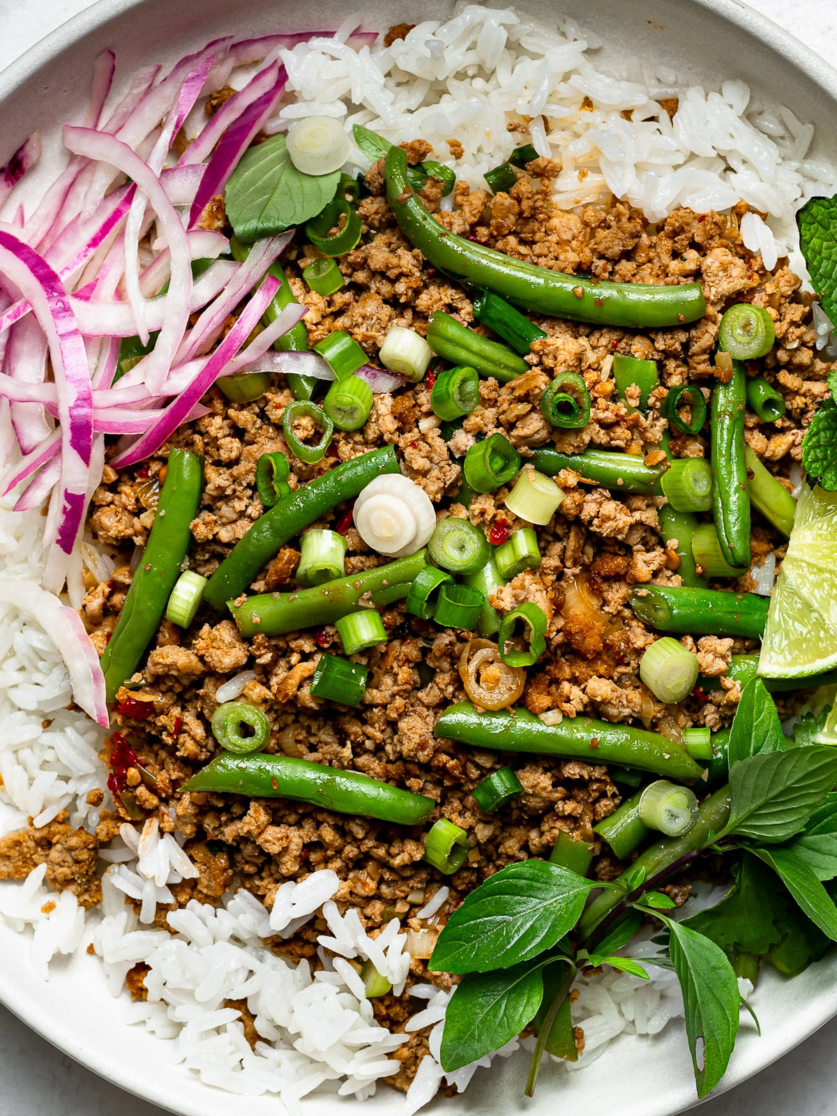 close up of turkey and green bean stir-fry topped on a bed of rice and garnished with herbs and red onions