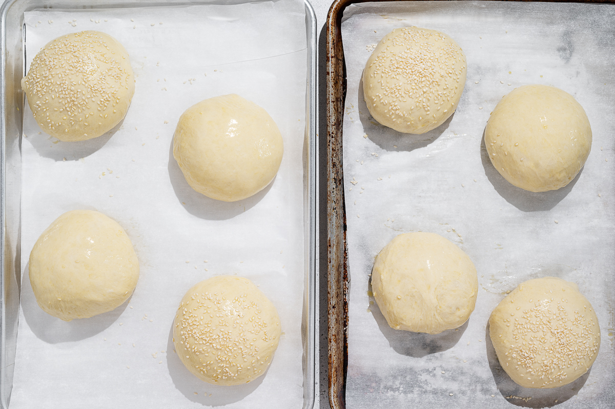 dough balls with egg wash and sesame seeds