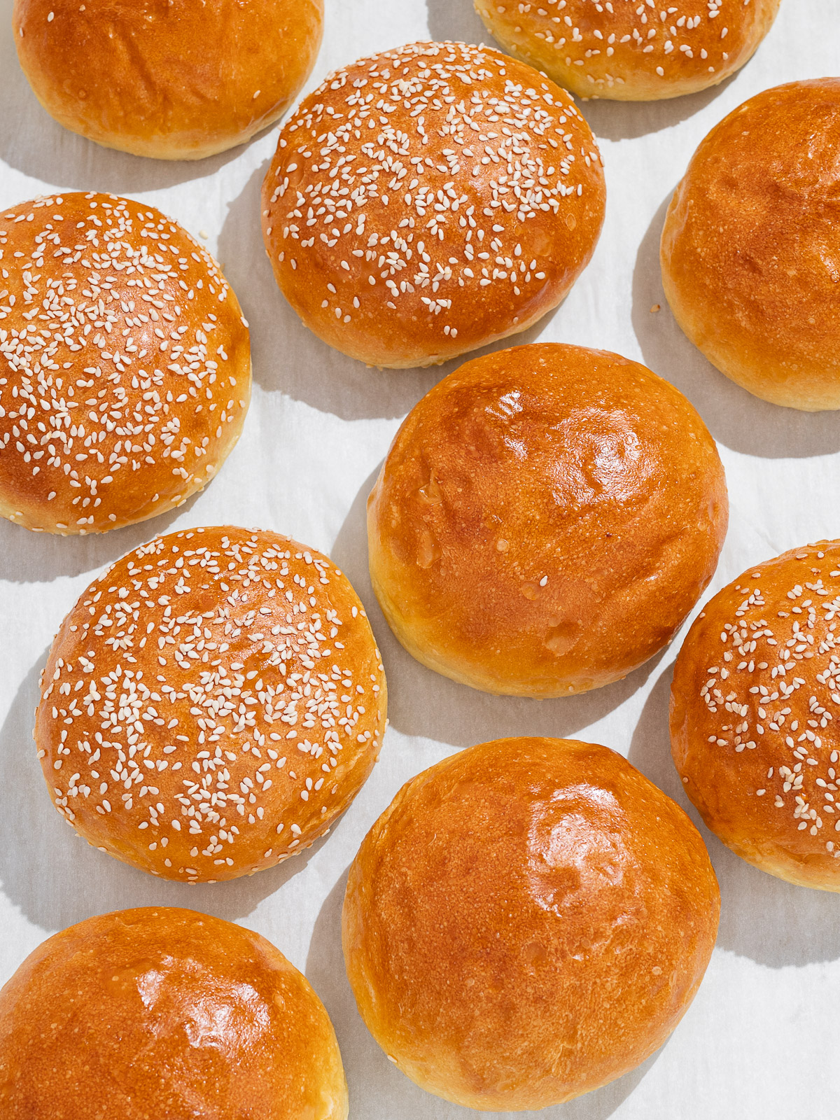 top view of many baked Light brioche buns in a row -some with sesame seeds and some without