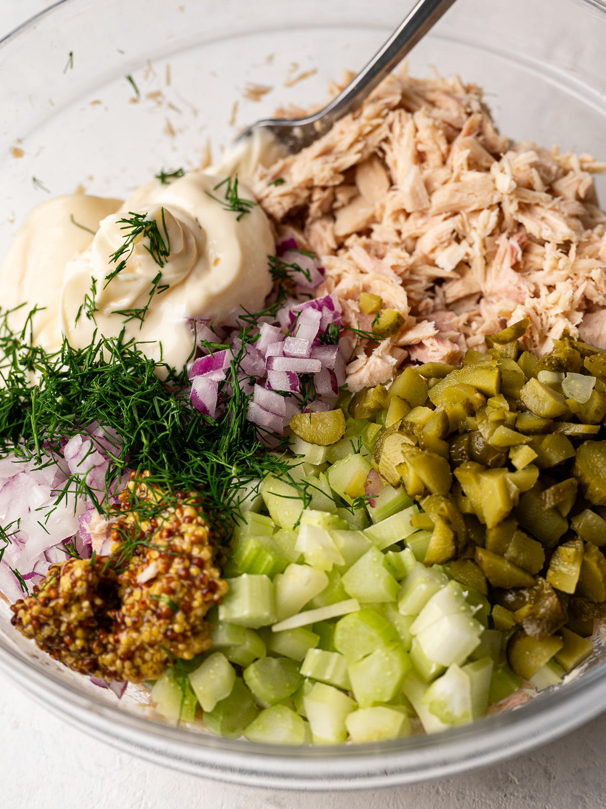 mayo, red onions, celery pickles and dill added to the tuna