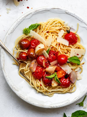 Summer Pasta with Tomato and shallot confit served on a plate