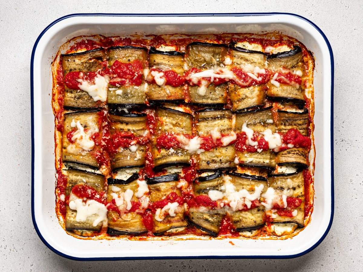 baked rollatini bundles  in casserole dish 