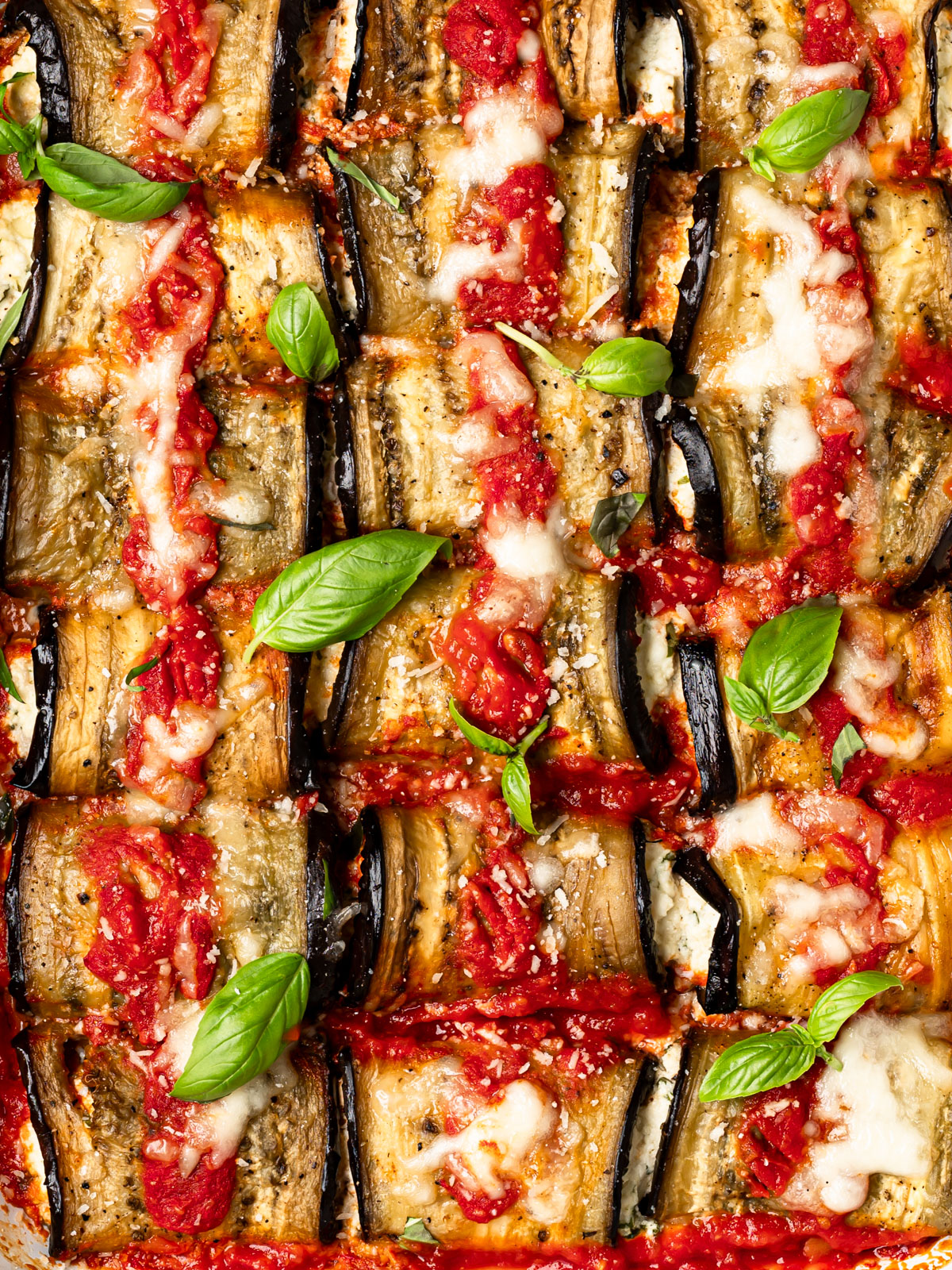 close-up of baked eggplant rolls 