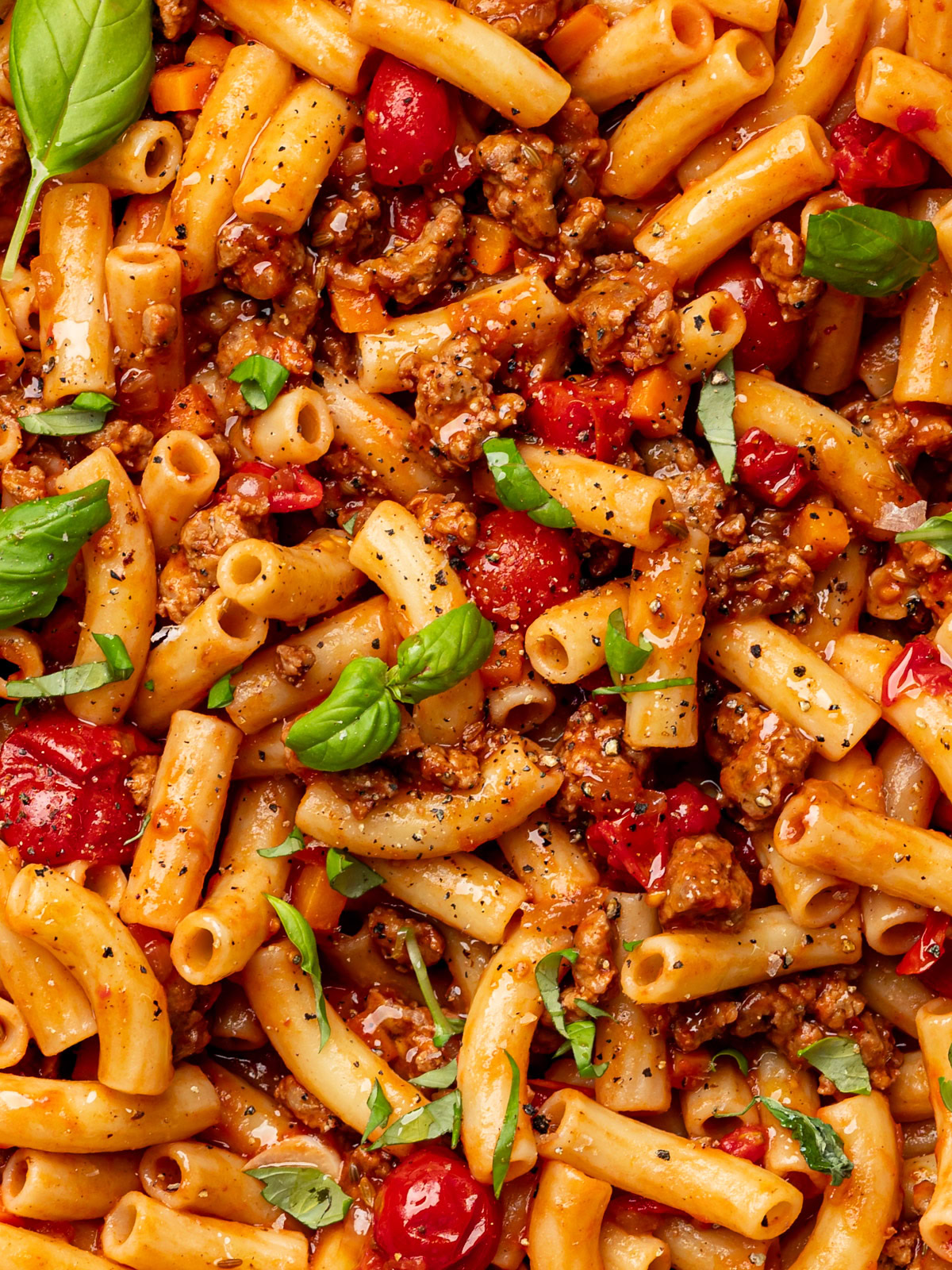 close up image of sausage pasta garnished with fresh basil