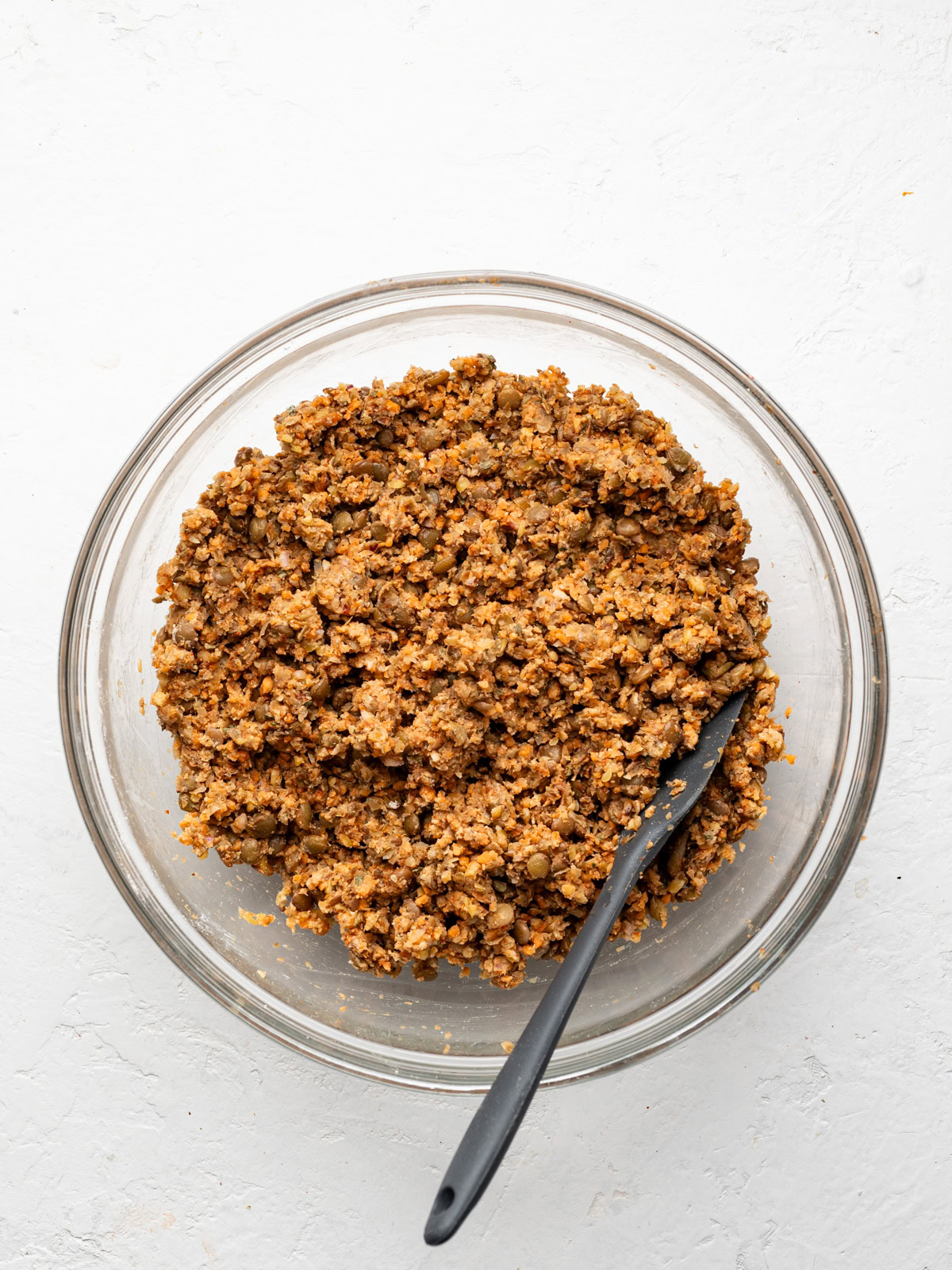 lentil mixture combined in mixing bowl 