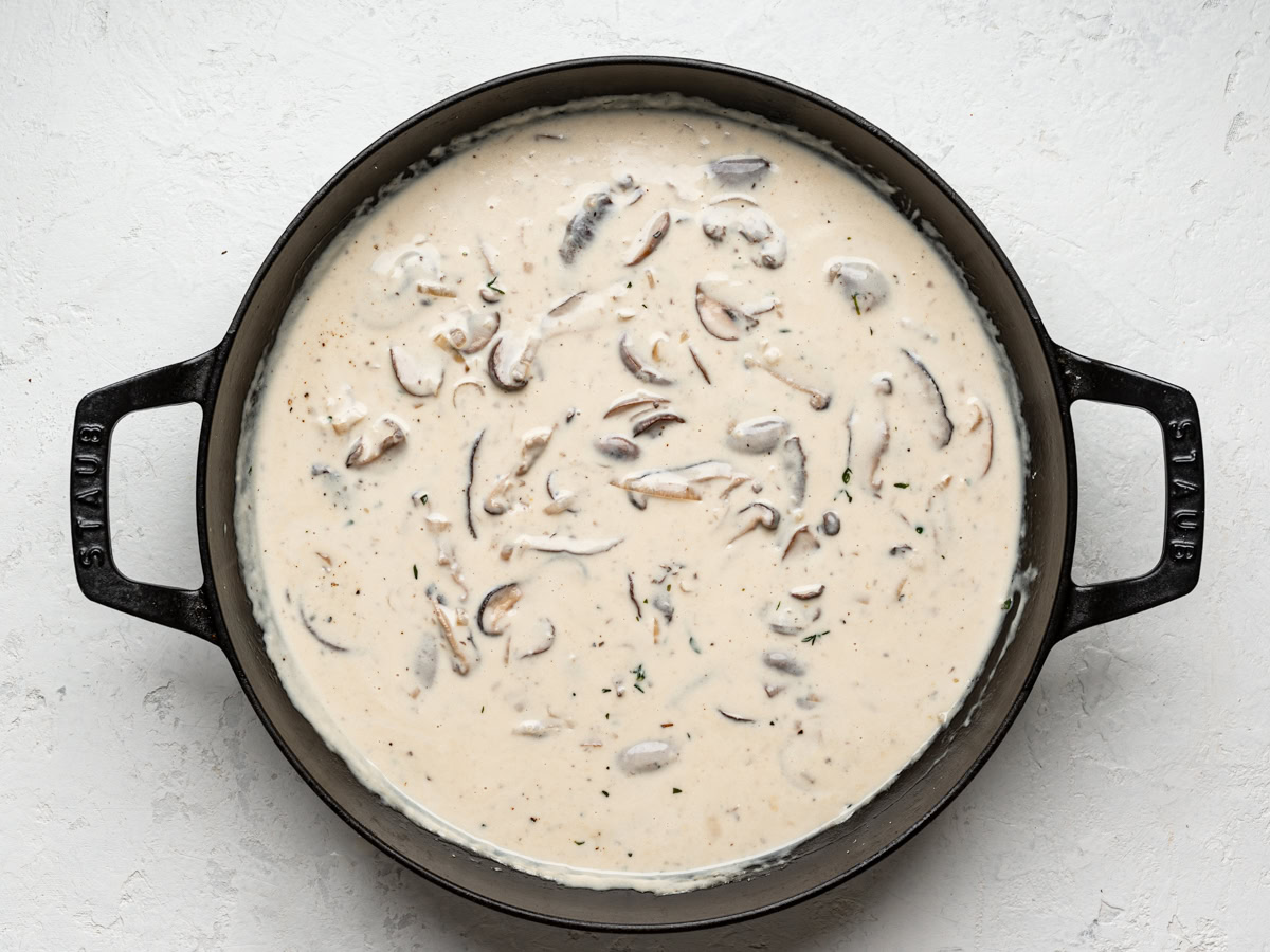 finished mushroom sauce in skillet