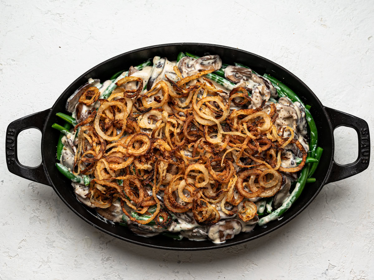 green bean casserole topped with crispy onions