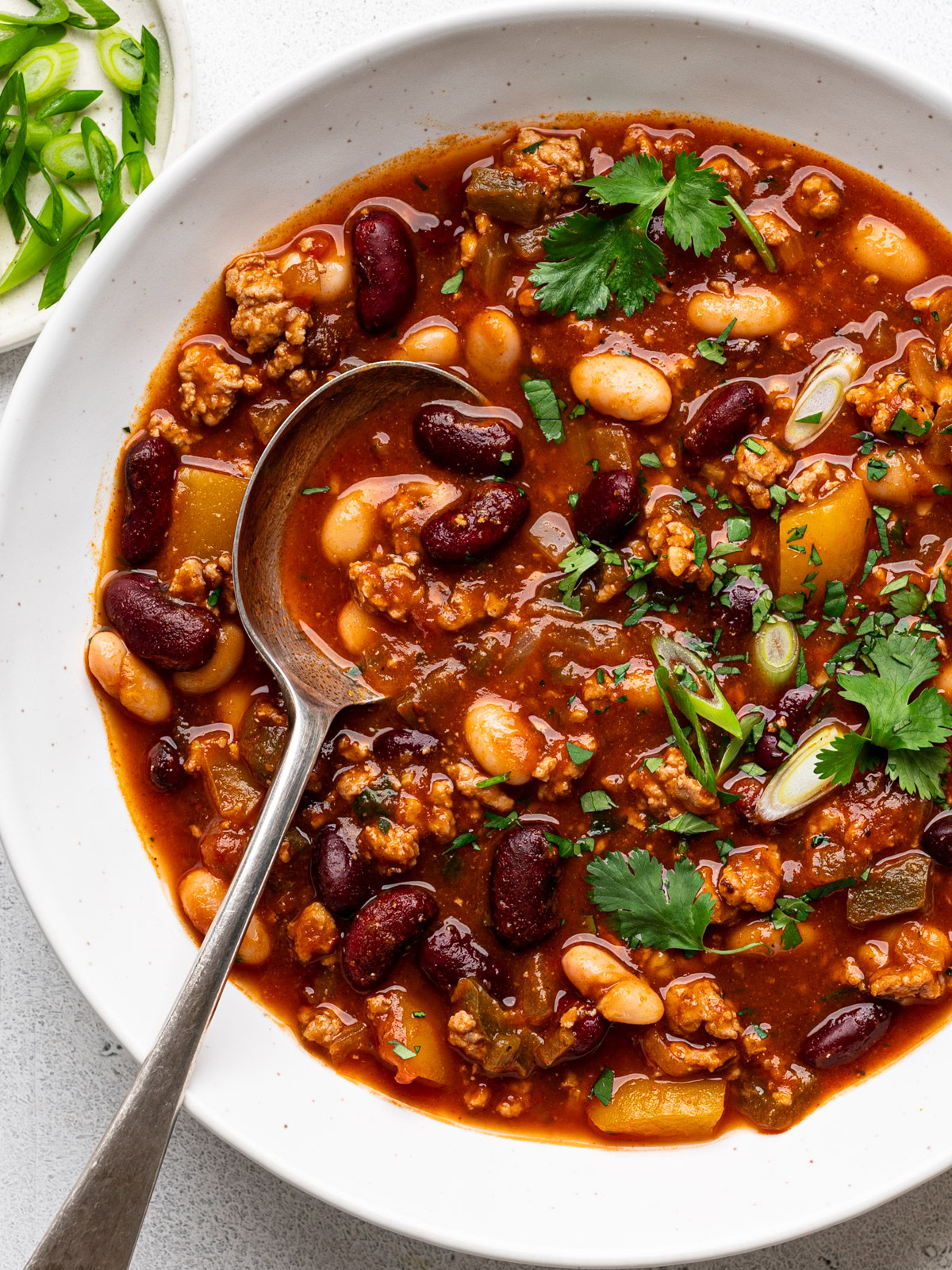 pumpkin chili served in white bowl and garnished with cilantro and green onions