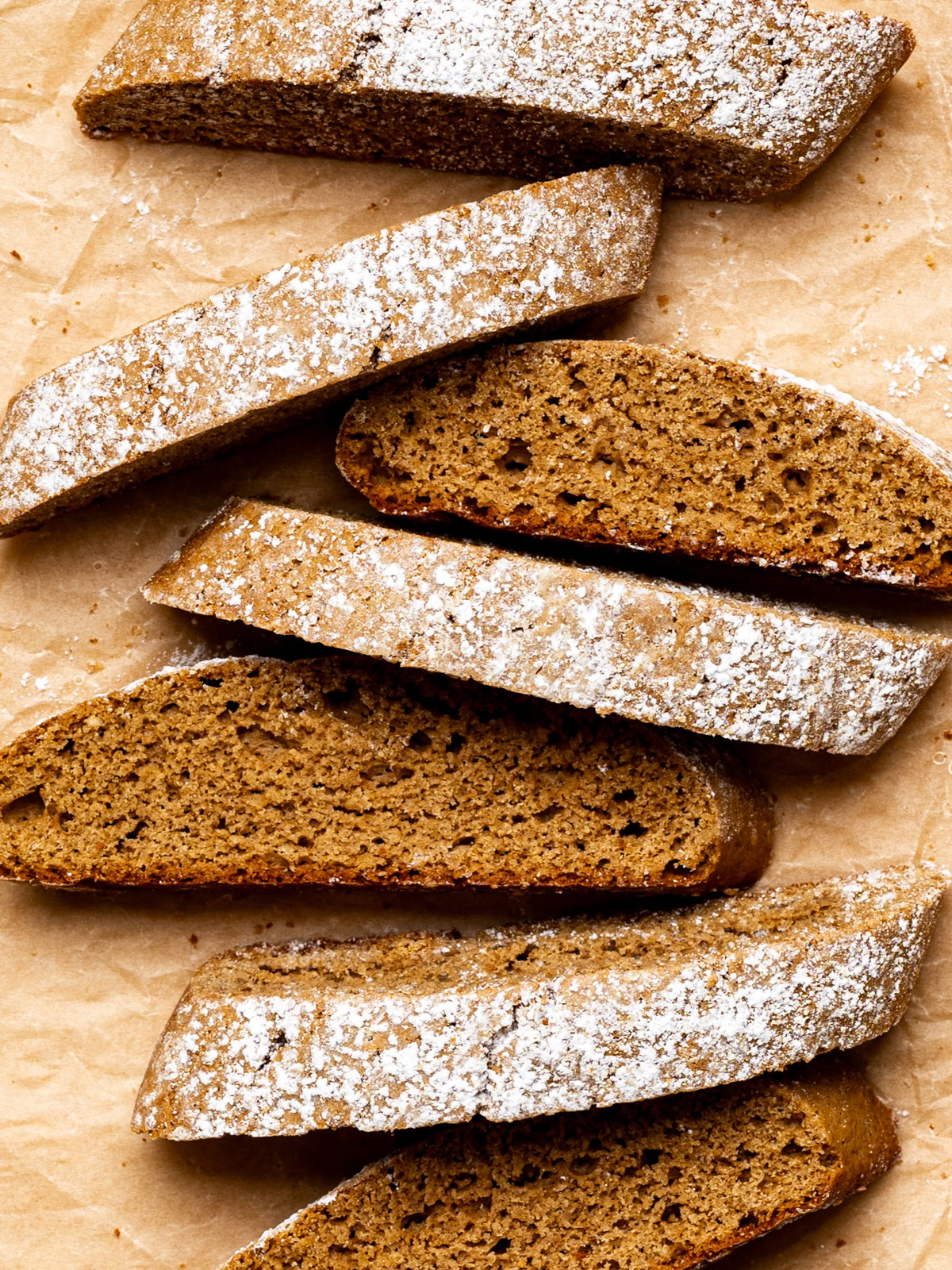 close up of a few gingerbread biscotti in a row on parchment paper