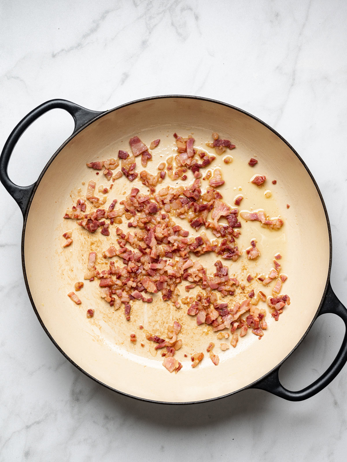 cooking pancetta in large black skillet