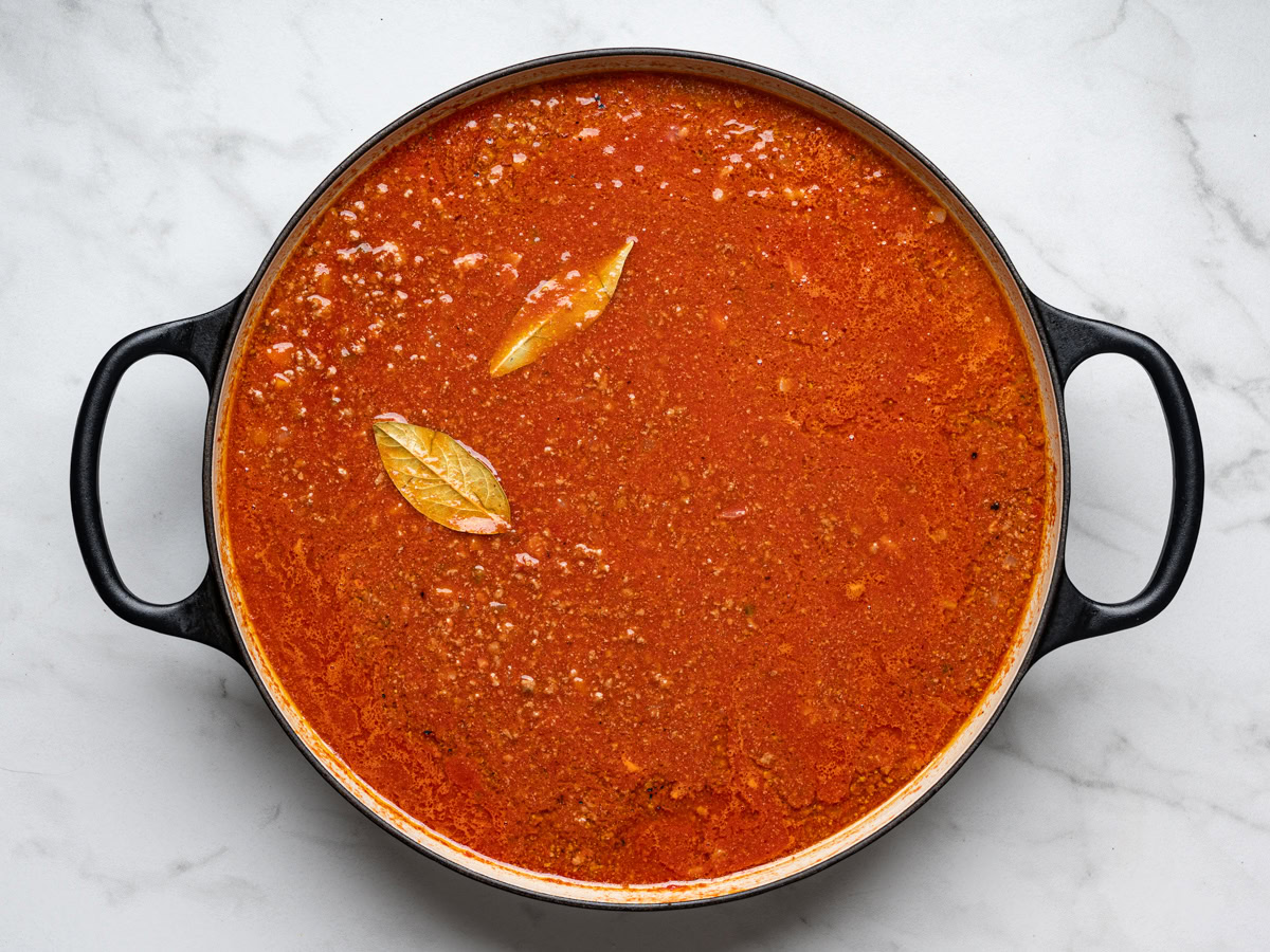 bolognese in skillet with all the liquid added