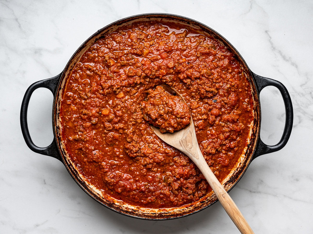 bolognese in skillet after cooking for 3 hours 