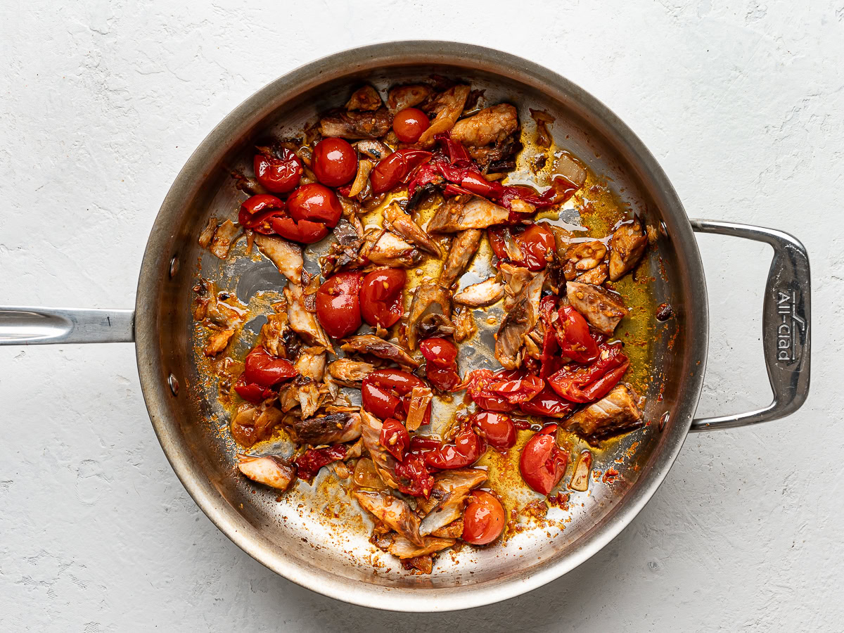 mackerel sauce mixture in large stainless steel pan