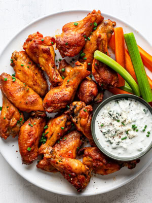 closeup of baked chicken wings on platter