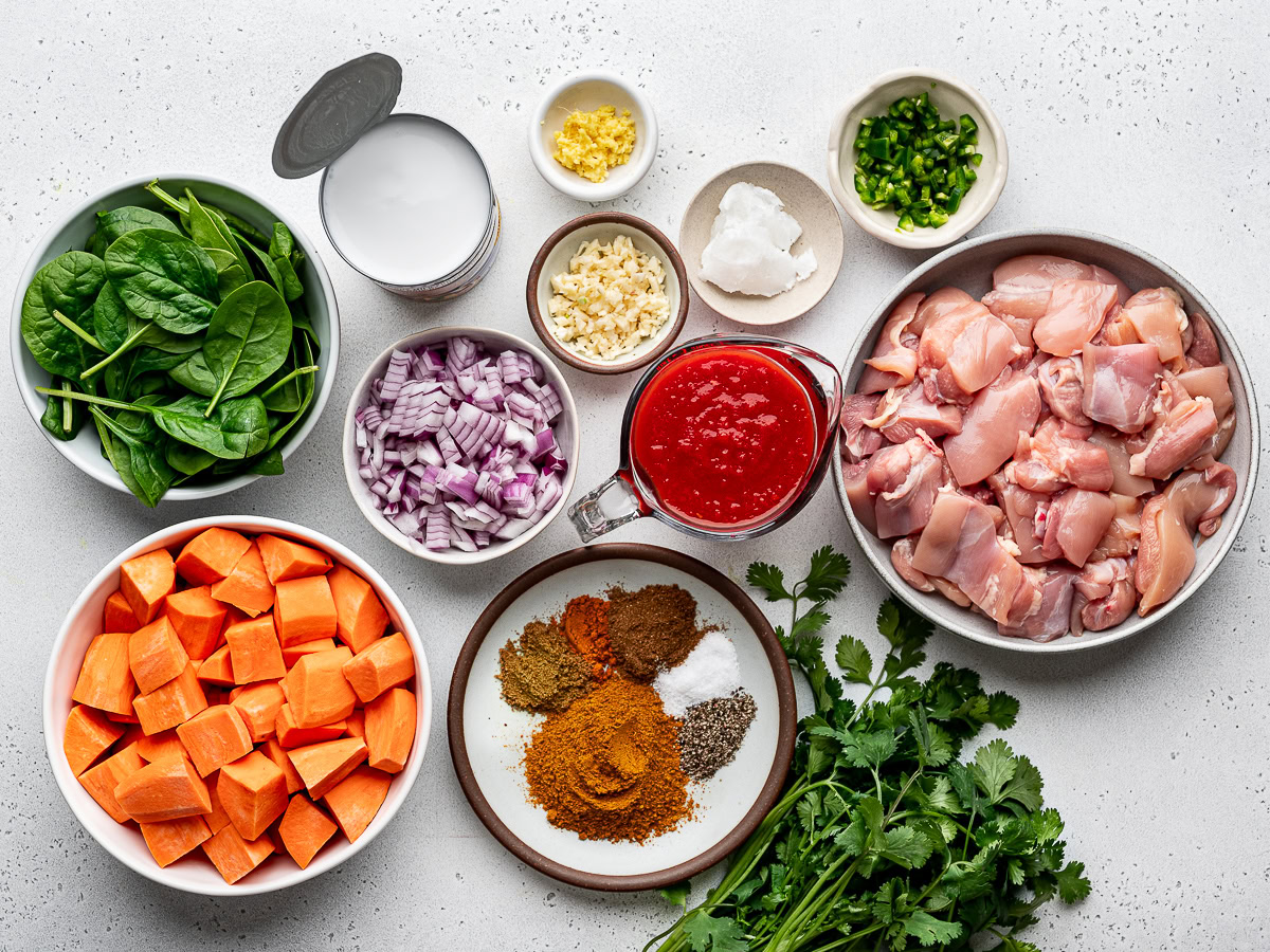 Recipe ingredients prepared in bowls.