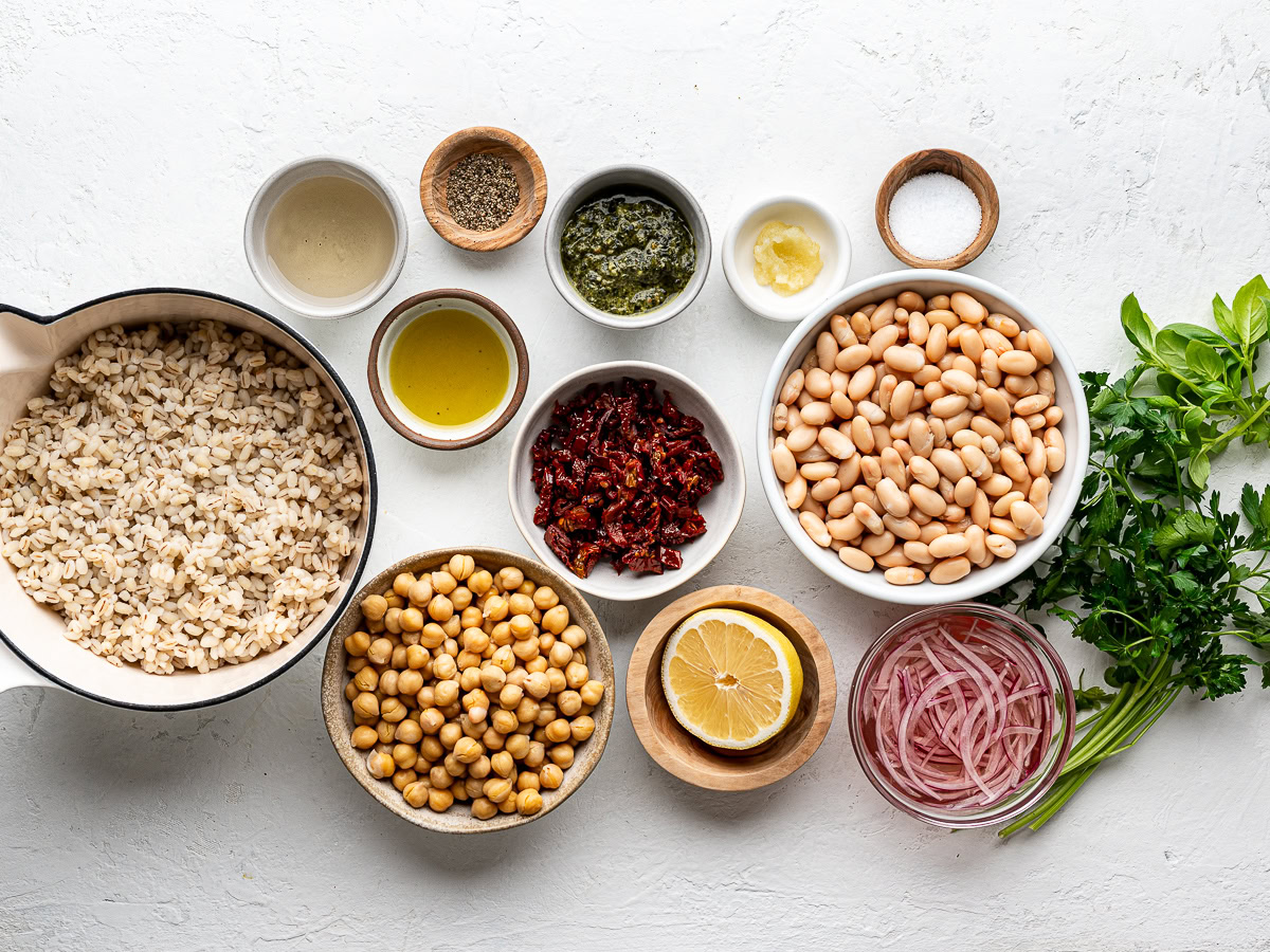 Recipe ingredients prepared in small bowls.