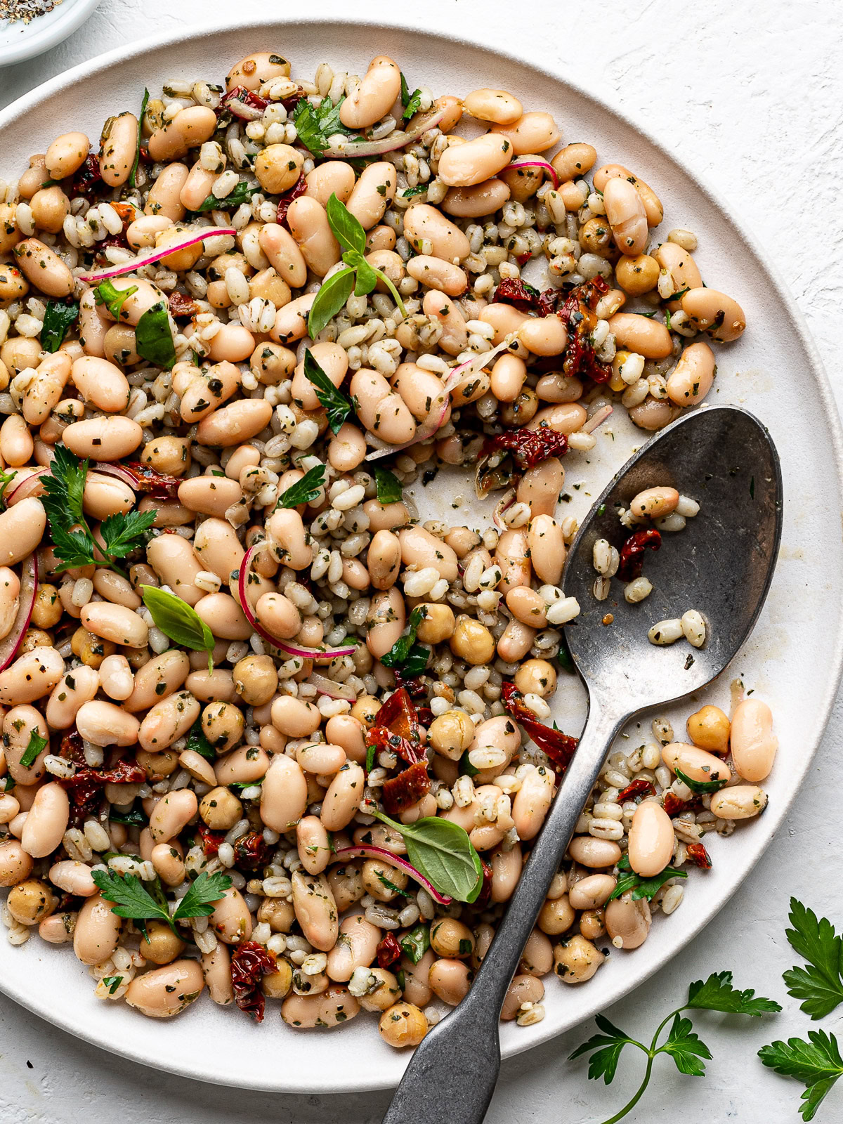 Close-up of Tuscan bean salad on a white platter with serving spoon. 