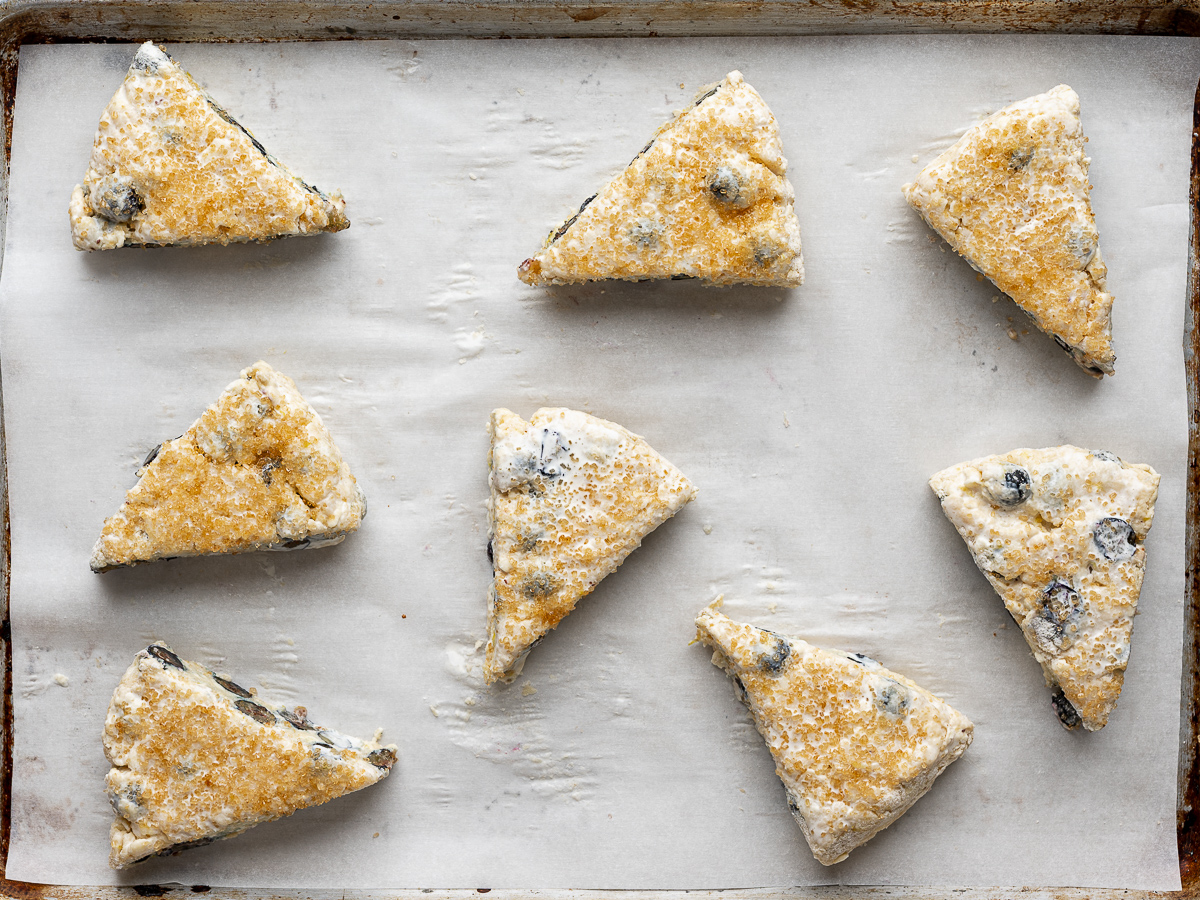 unbaked scones on baking sheet.
