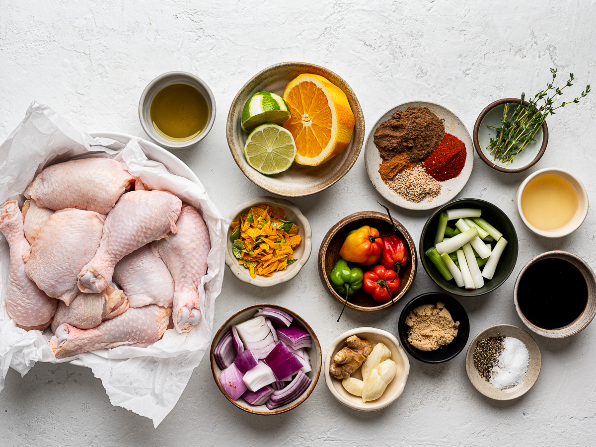 Recipe ingredients individually prepared in bowls. 
