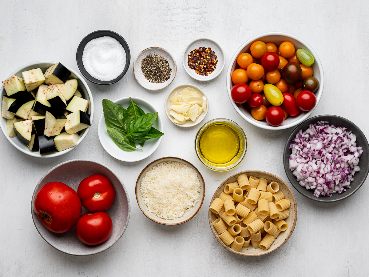 Recipe ingredients prepared in individual bowls. 