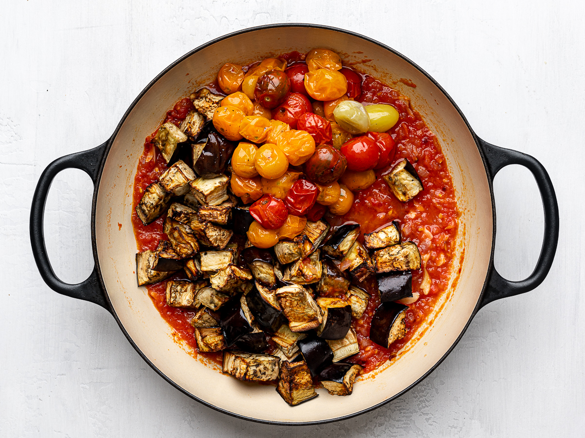 roasted eggplant and cherry tomatoes added to the tomato sauce.
