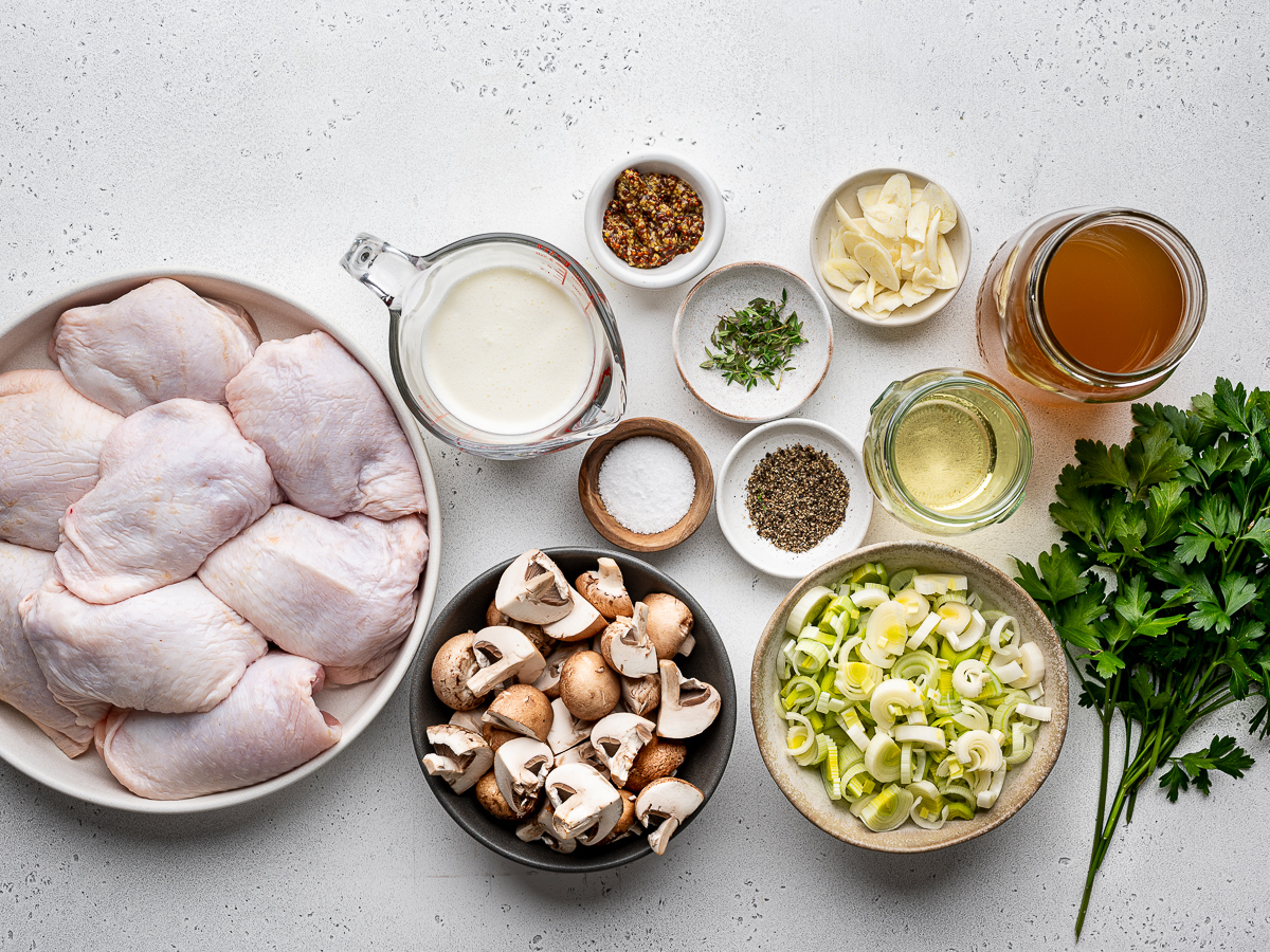 Recipe ingredients prepared in bowls.