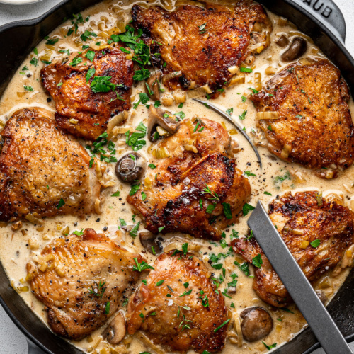 The finished dish of creamy chicken and leeks in the skillet with a large serving spoon.
