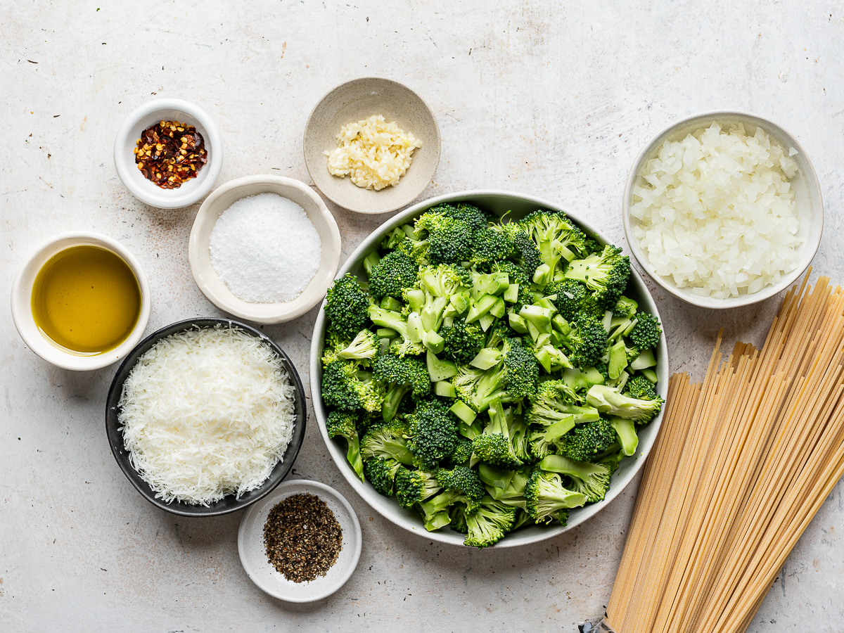 Recipe ingredients prepared in bowls. 