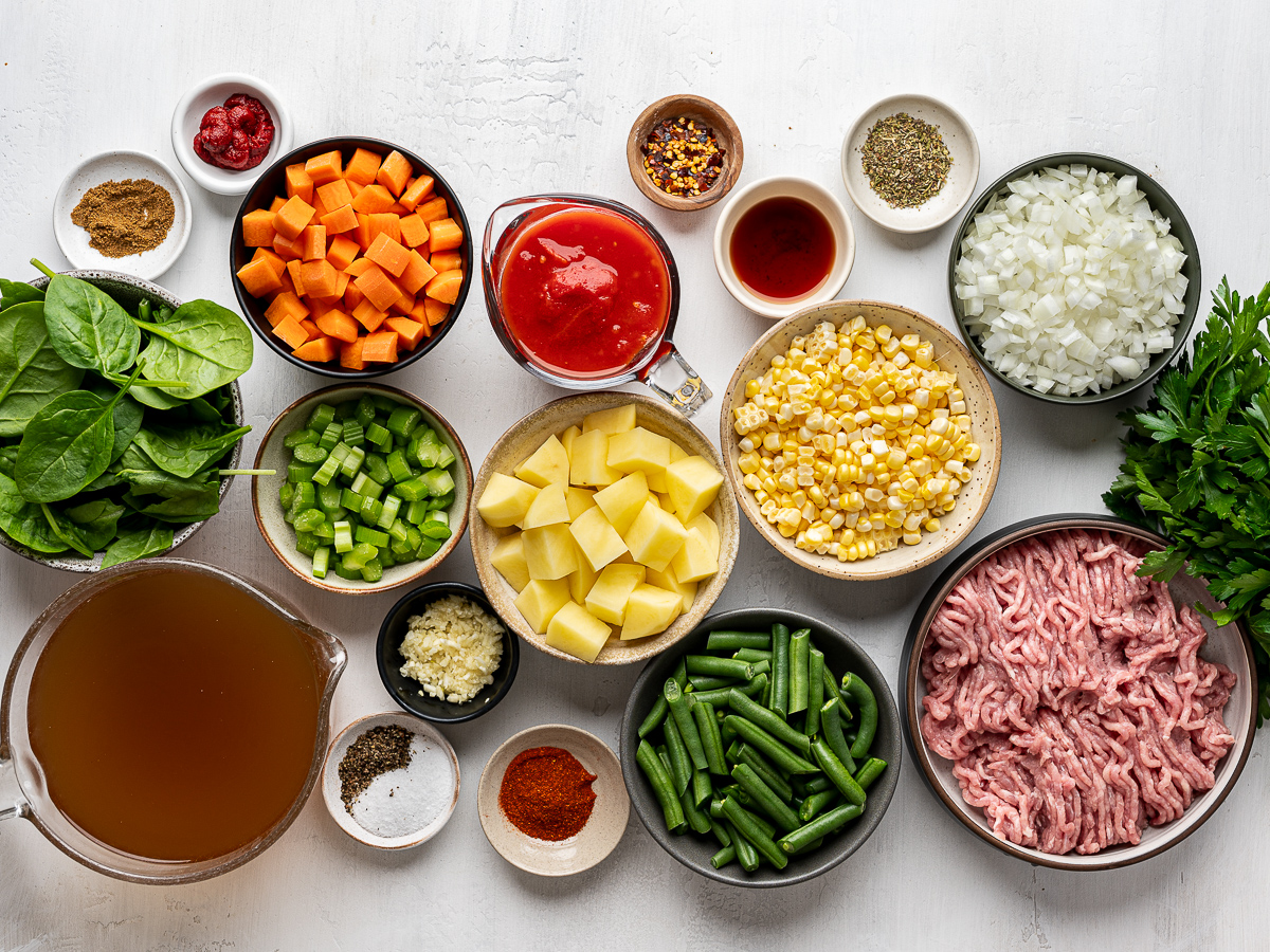 Recipe ingredients prepared in bowls.