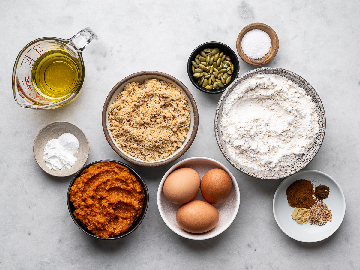 Recipe ingredients prepared in bowls.