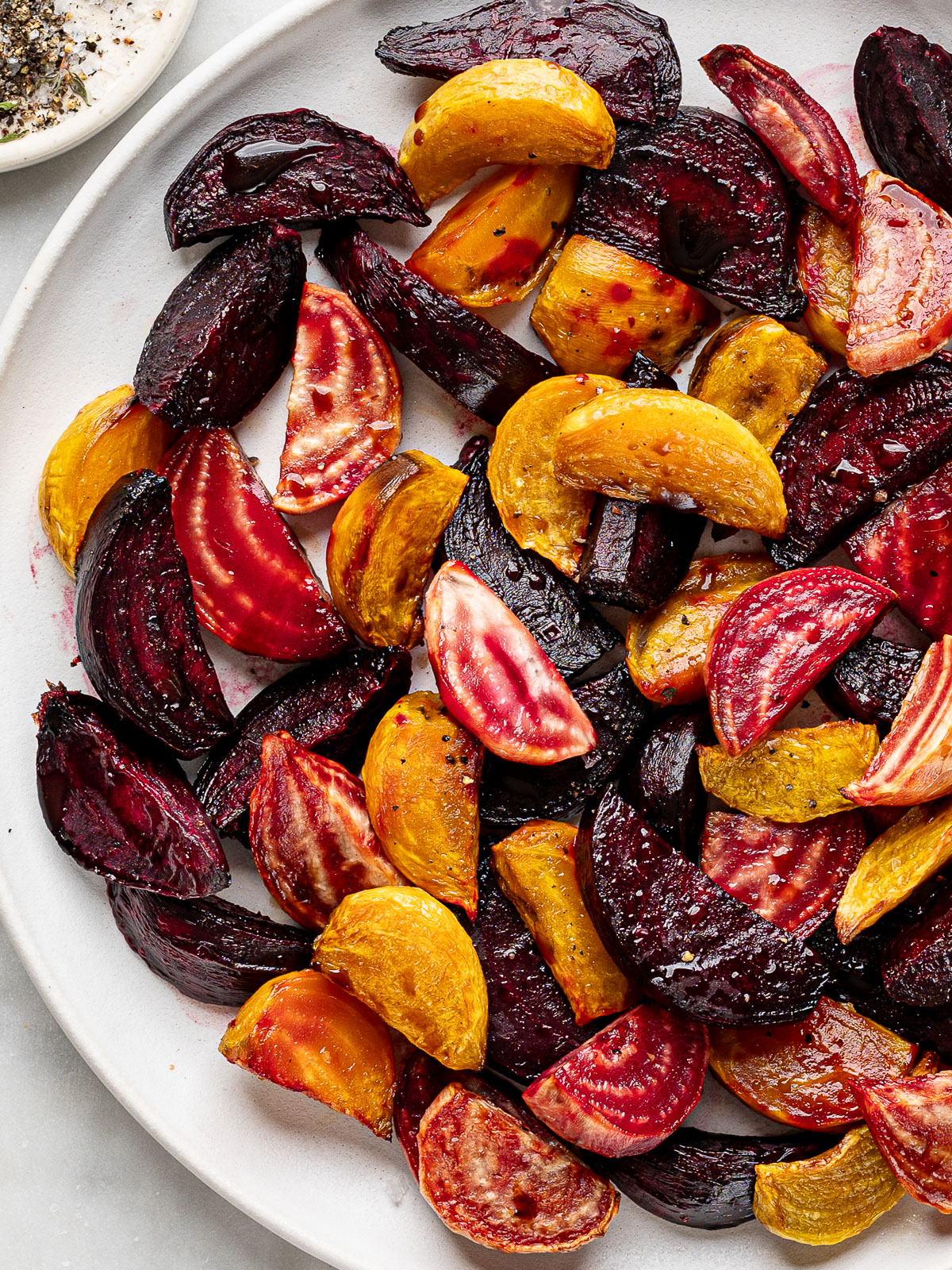 Close-p of air fryer beets served on a white platter.