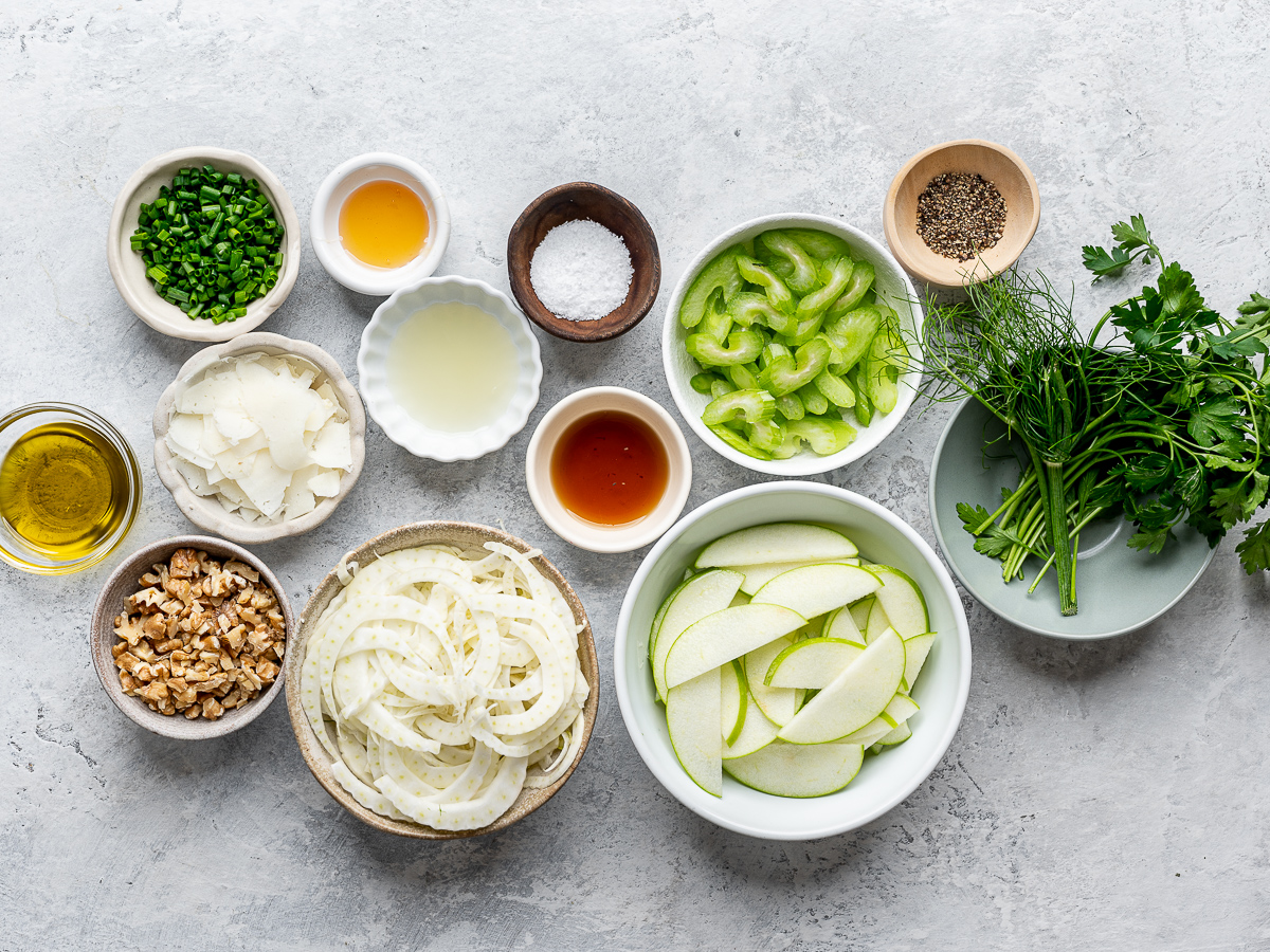 Recipe ingredients prepared in individual bowls. 