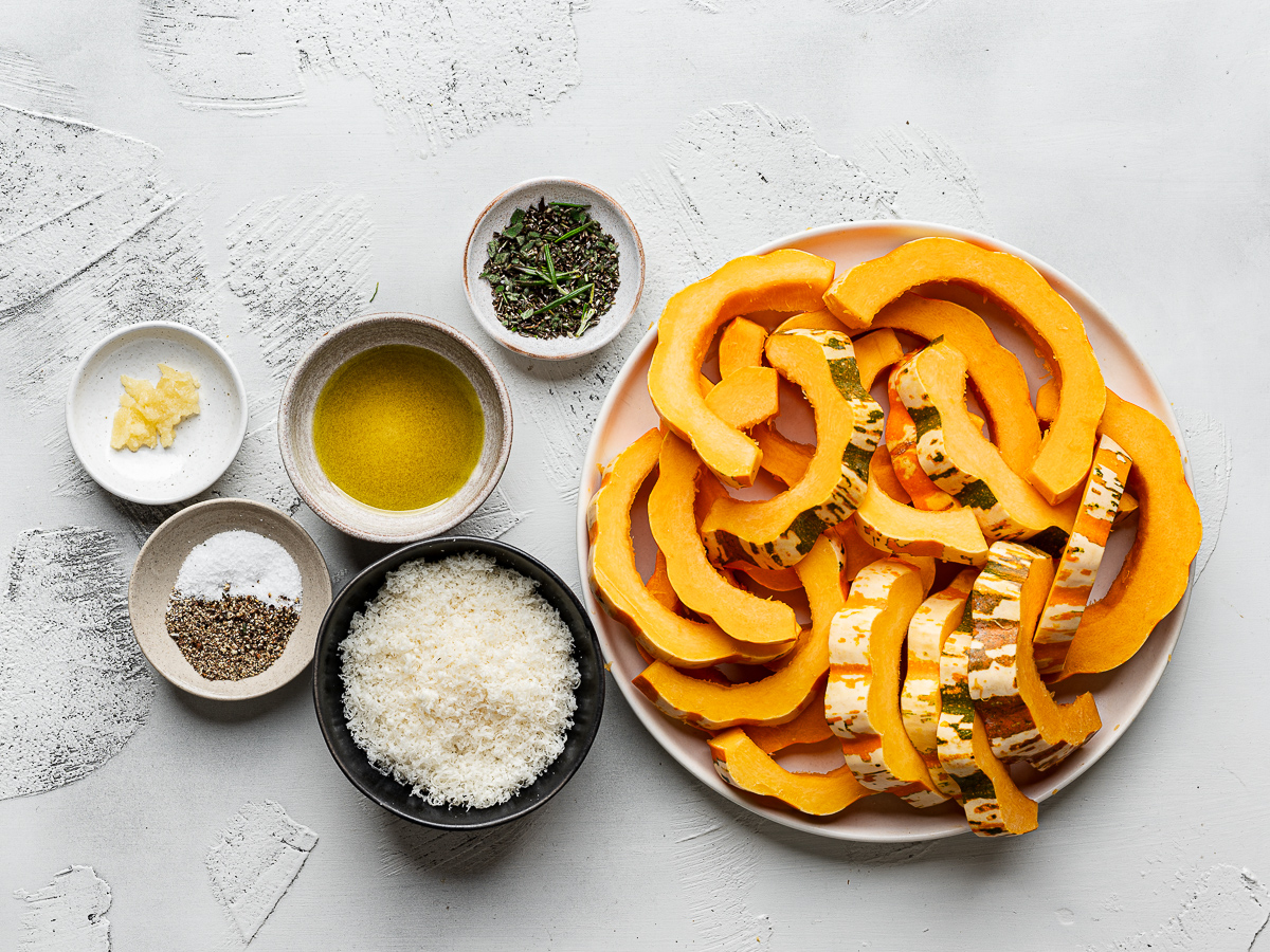 Recipe ingredients prepared in individual bowls.