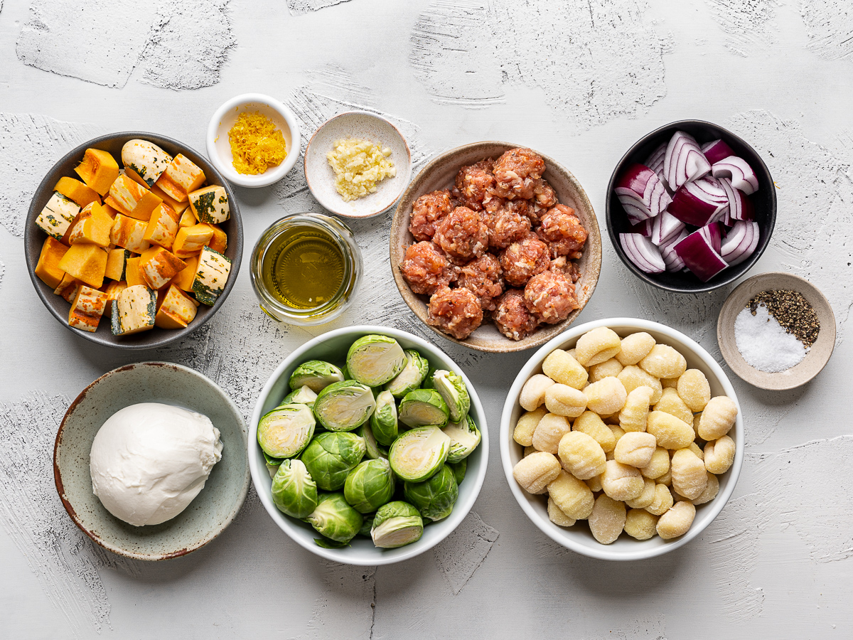 Recipe ingredients prepared in small bowls. 