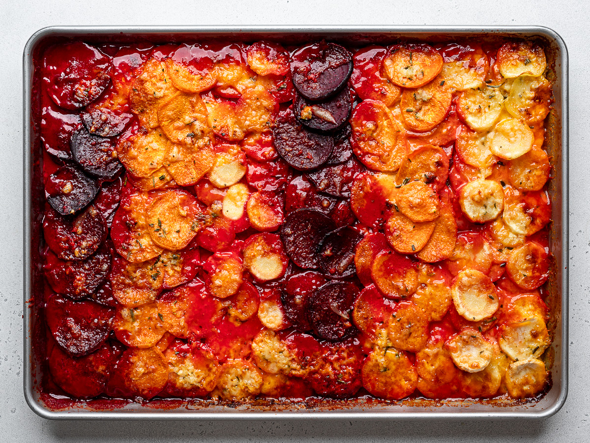 Baked root vegetables in sheet pan. 
