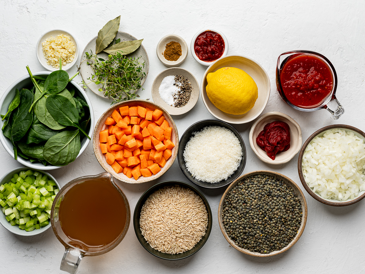 Recipe ingredients prepared in individual bowls.