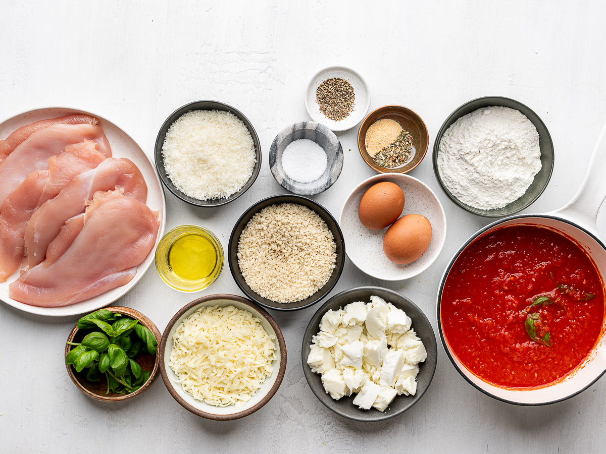 Recipe ingredients prepared in bowls. 
