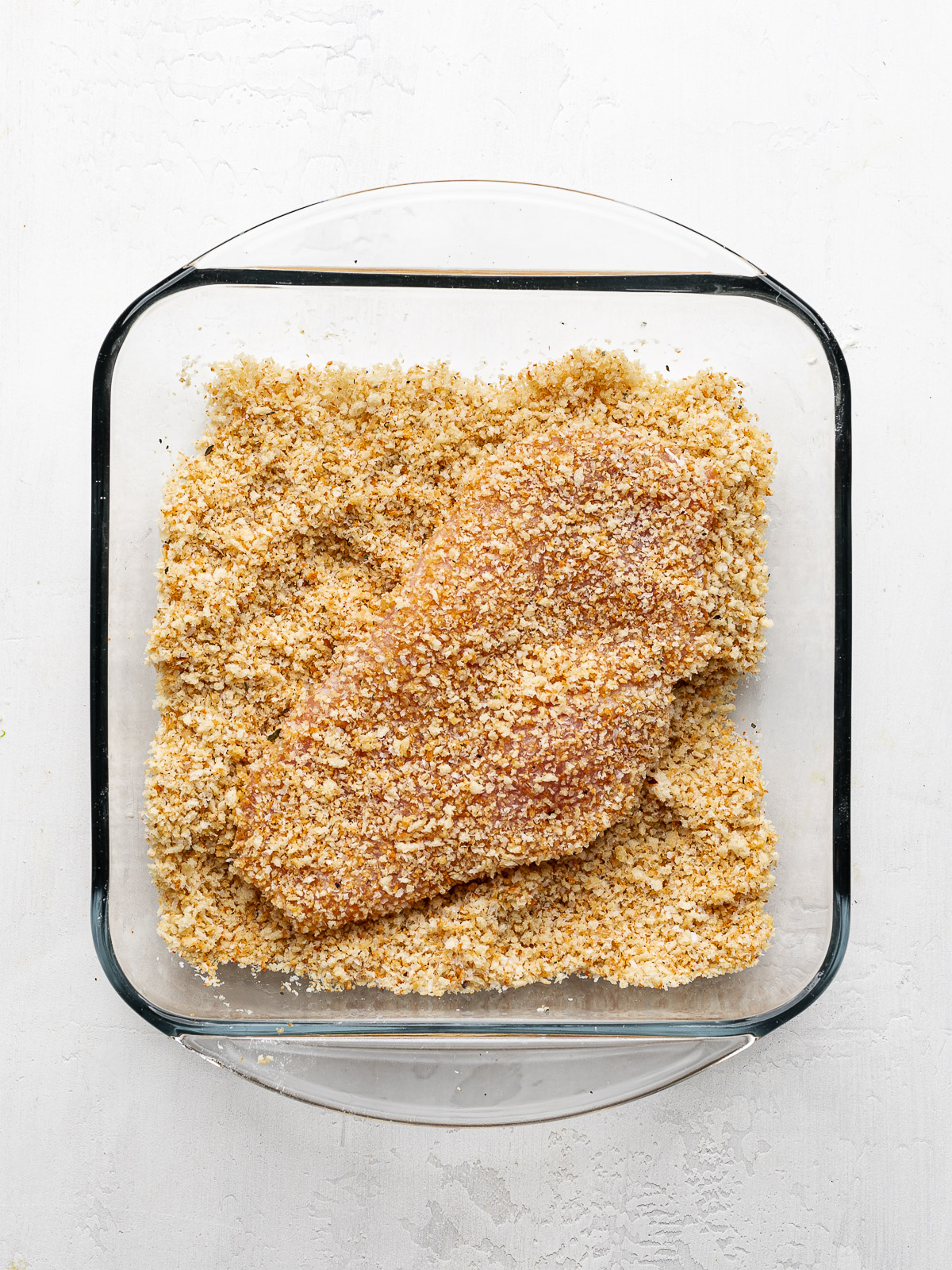 Chicken breast dredged in panko mixture. 