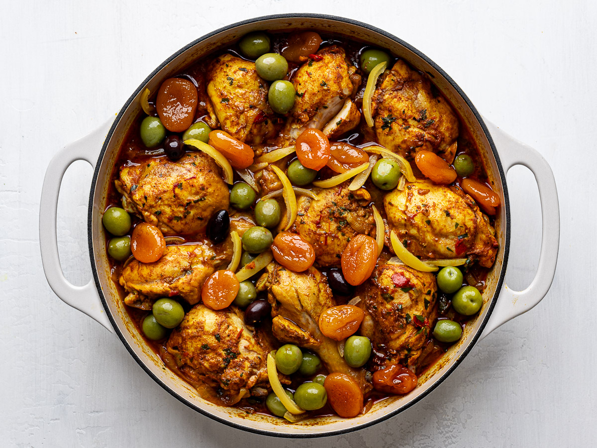 Olives, preserved lemon slices and apricots added to chicken tagine.