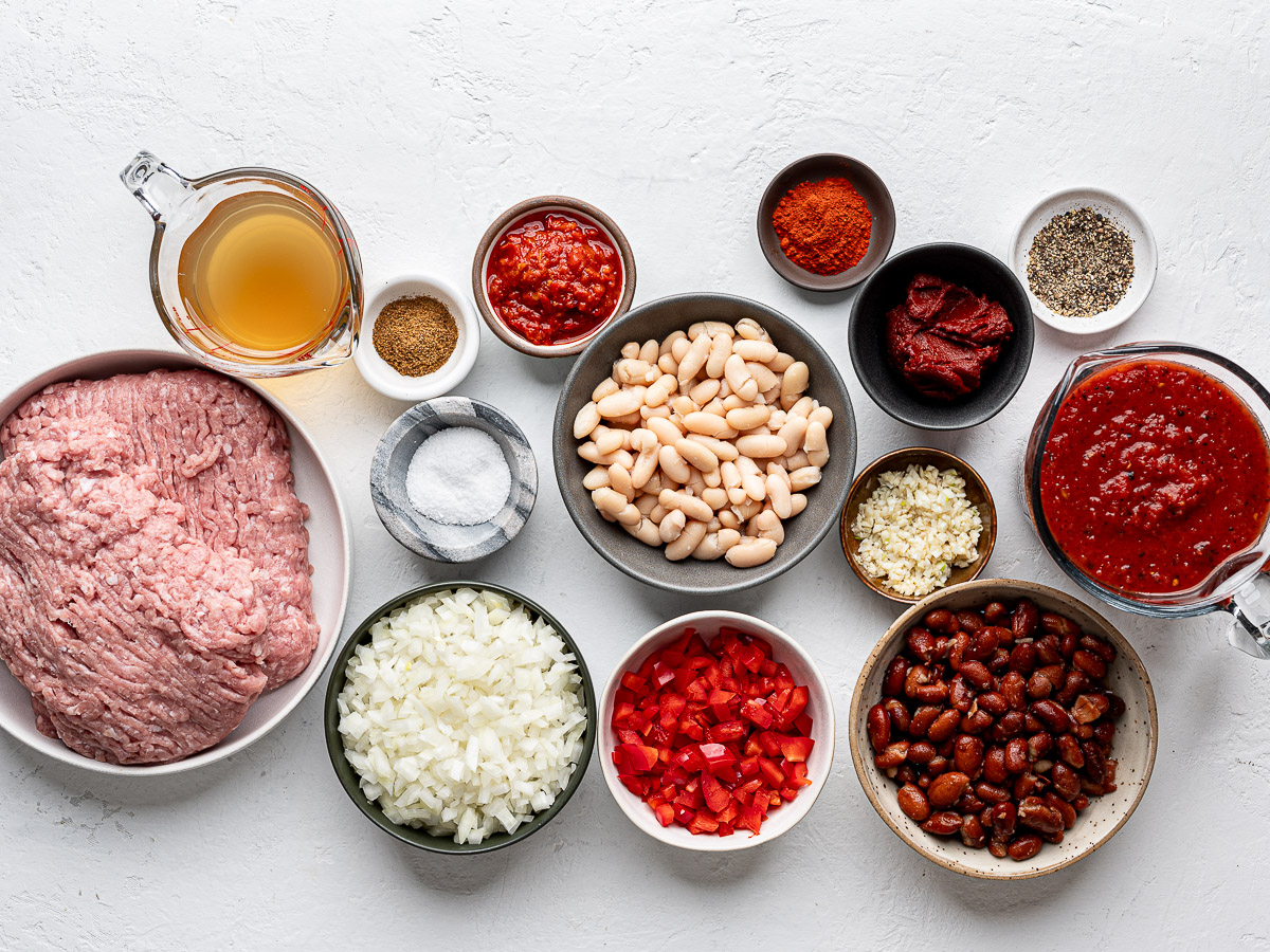 Recipe ingredients prepared in bowls. 