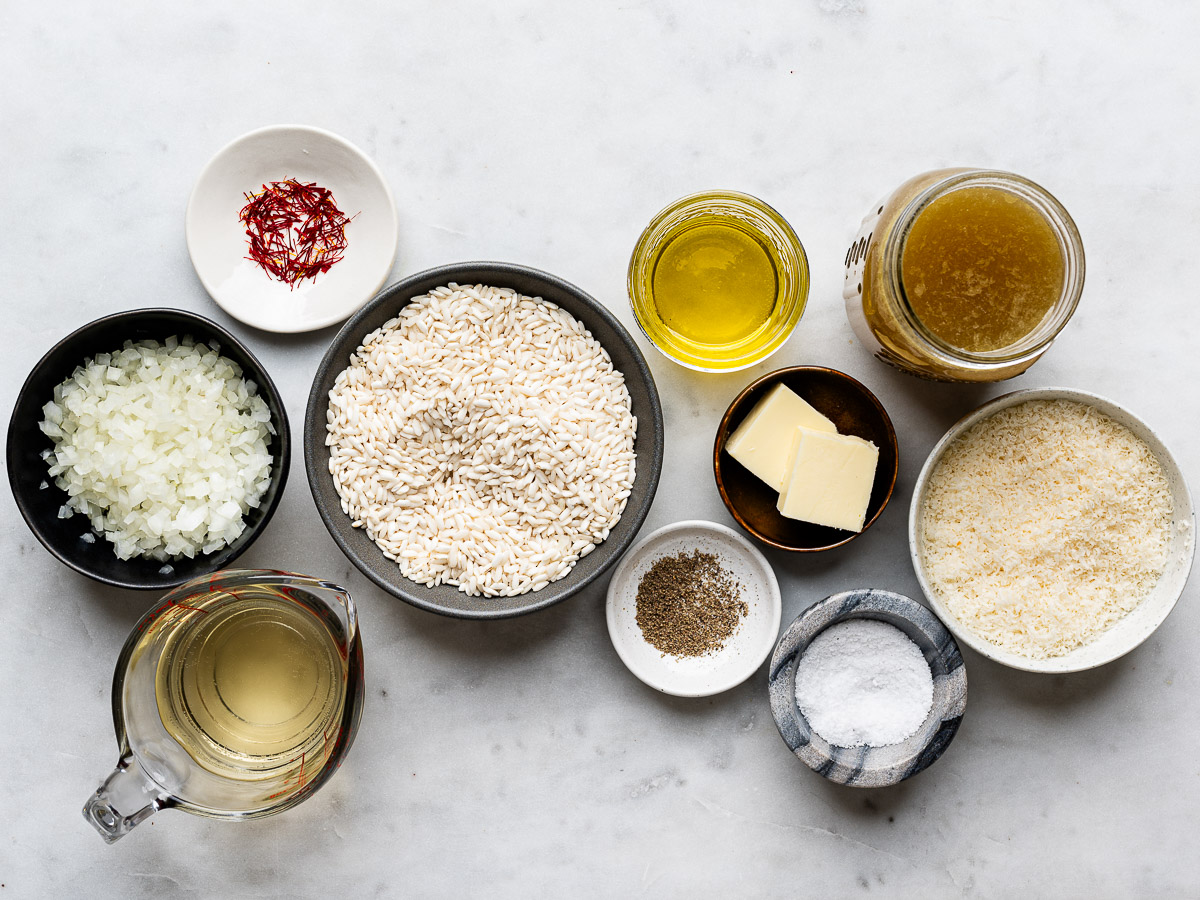 Recipe ingredients prepared in small bowls. 