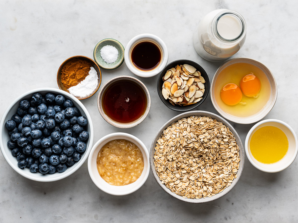 Recipe ingredients prepared in bowls. 