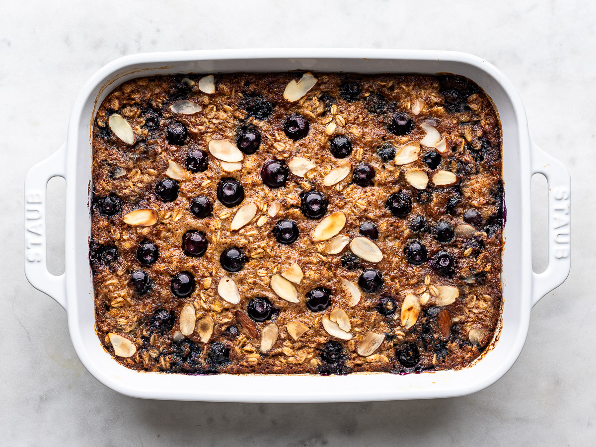Baked oatmeal in baking dish.