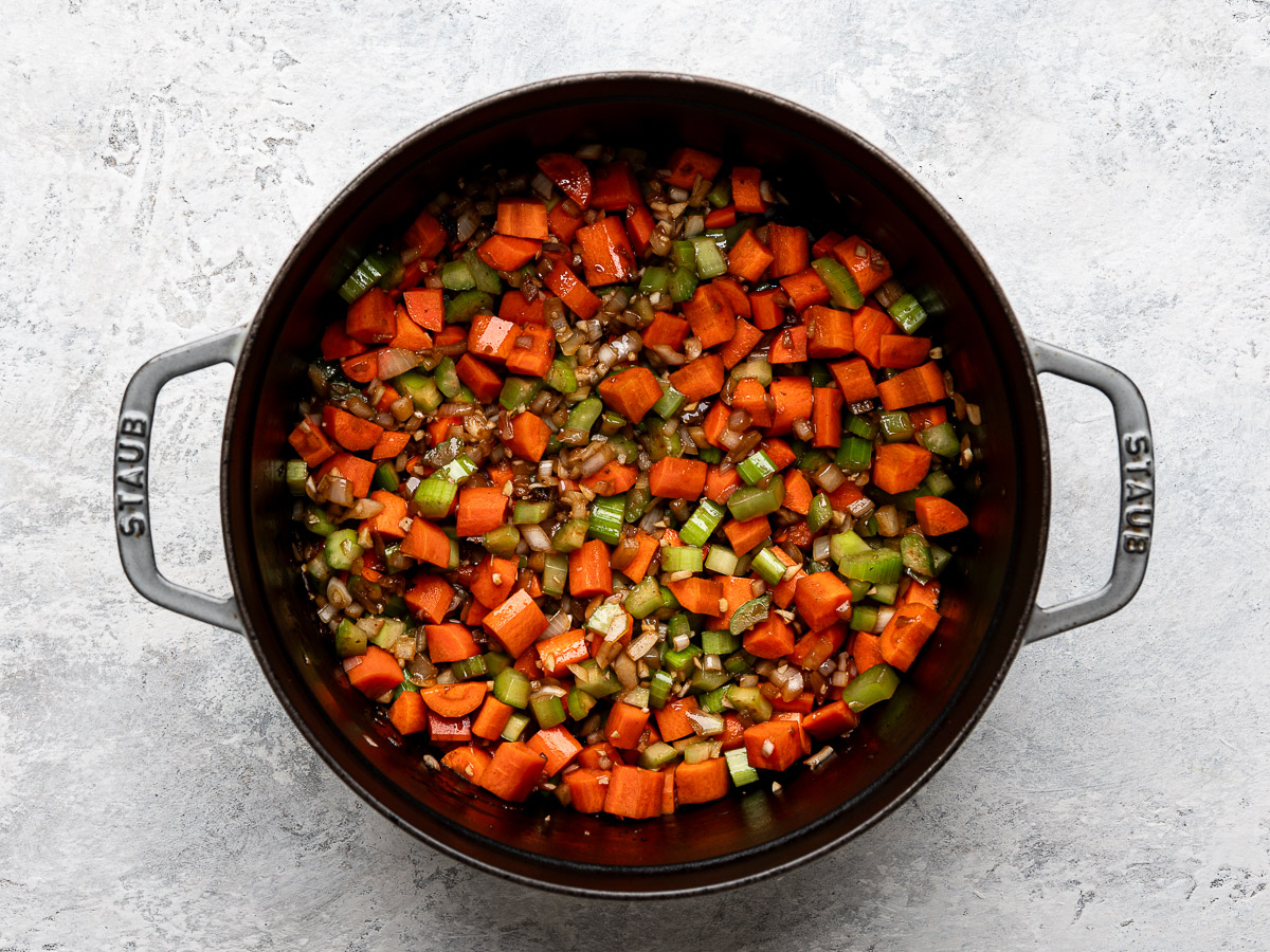 Sautéed diced vegetables in Dutch Oven.